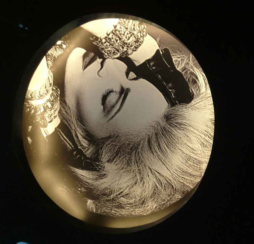 Ceiling wallpaper of an image of pop singer Madonna pasted on the roof of the dining area of a restaurant