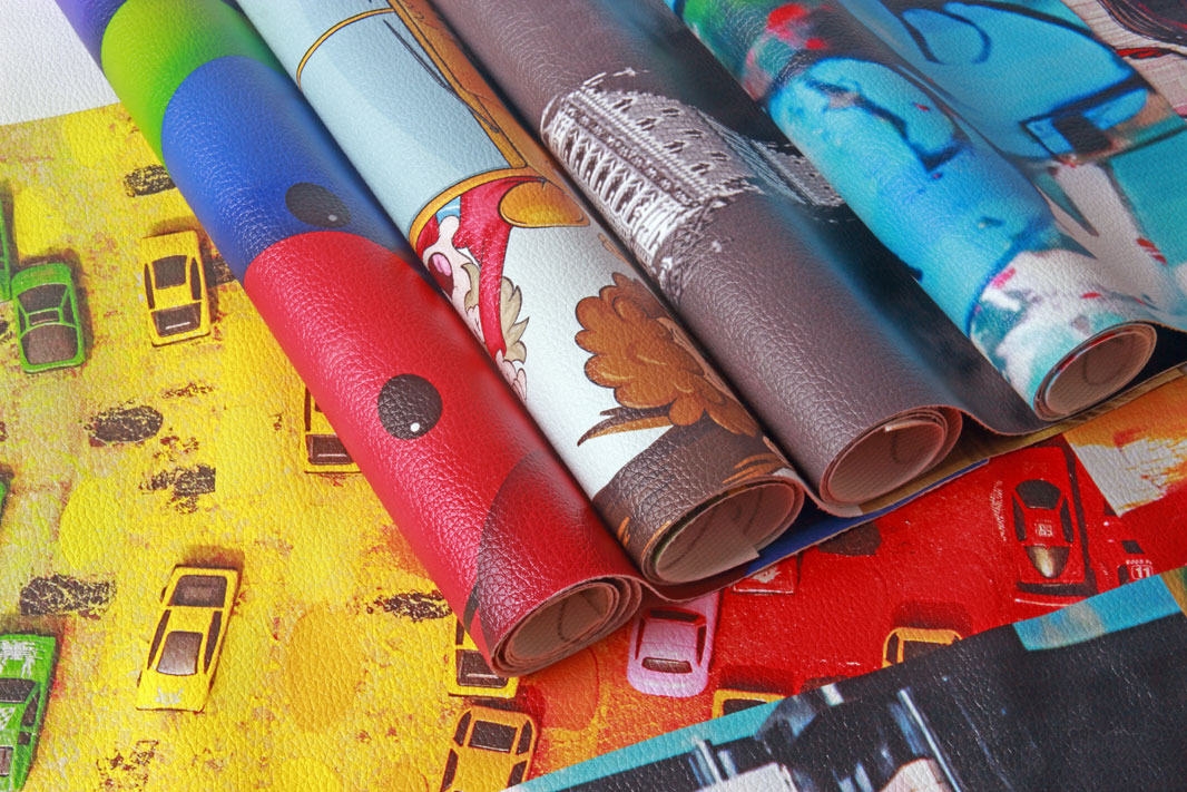 custom print on leather and roll of rexine that can be used for sofa covers and interior decoration